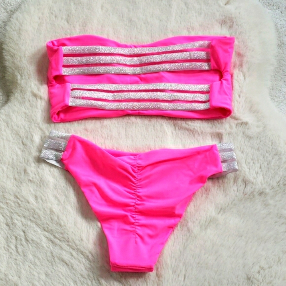 Pink Bandeau Top Ruched Back Bikini Set Swimsuit - Picture 5 of 7